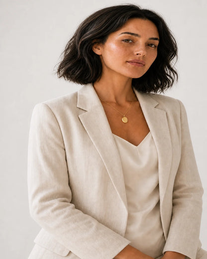 Alternate portrait of the same Australian model wearing the Solenne signet pendant