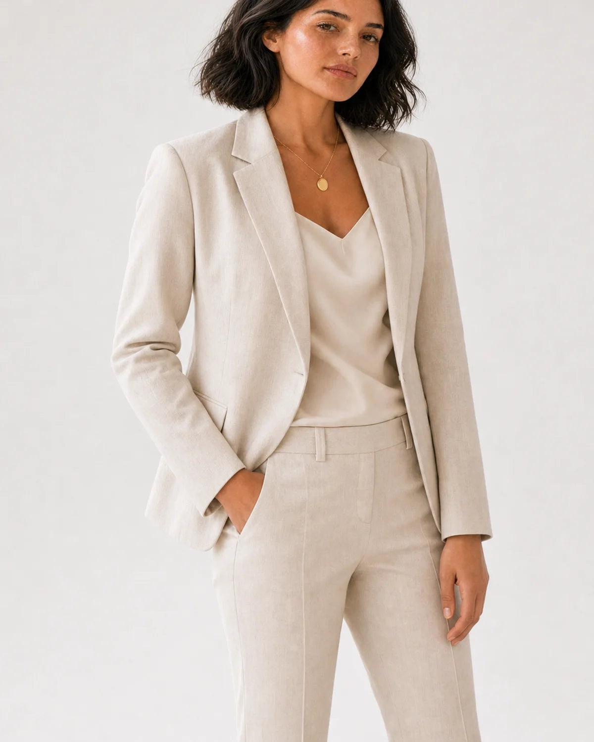 Wide editorial studio portrait showing the Solenne pendant necklace at natural scale