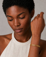 Close wearing view of the polished Talia gold articulated watch links
