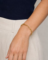 Close wearing view of the Vela elongated open paperclip links