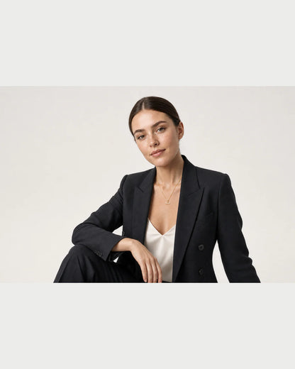 Wider editorial studio portrait featuring the Vienne crystal necklace