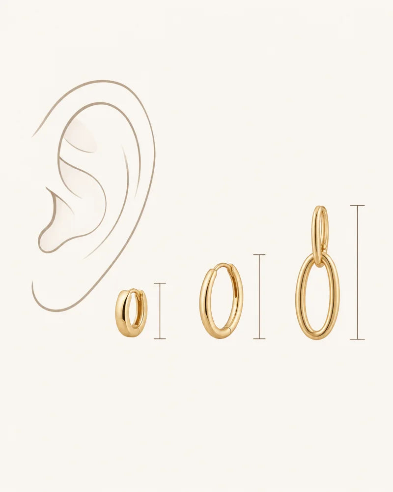 Earring scale comparison showing a huggie, small hoop and longer hoop drop