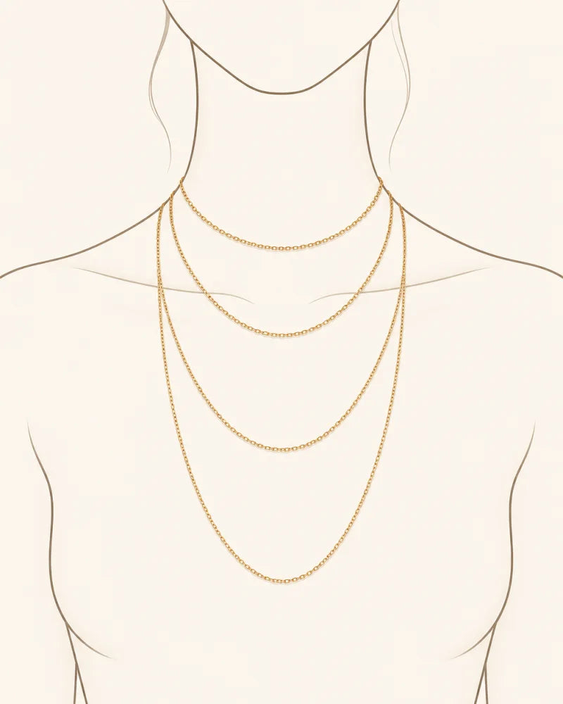 Four necklace lengths shown at progressively lower positions on the neckline