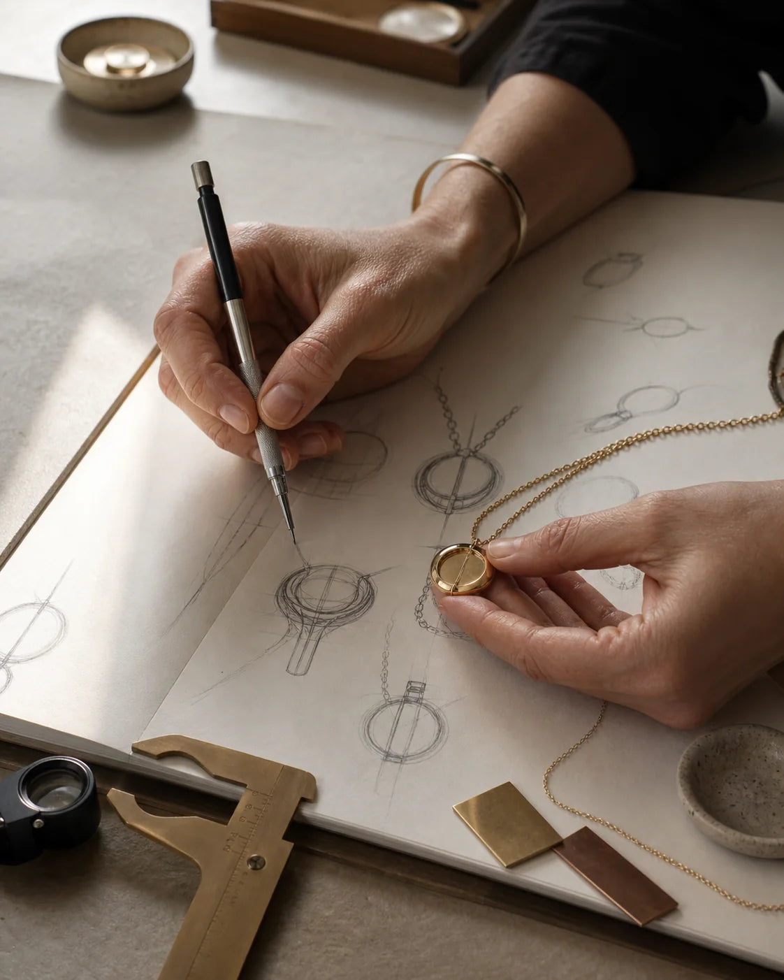 Jewellery design sketches and a pendant being refined at a studio table